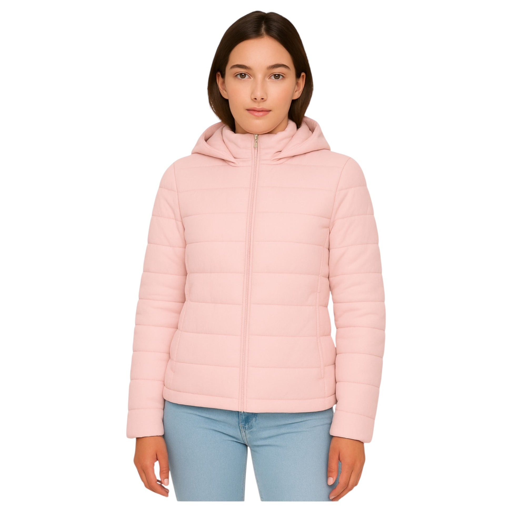 Ladies JDN Puffer Jacket with Detachable Hood – Light Pink Quilted Winter Coat