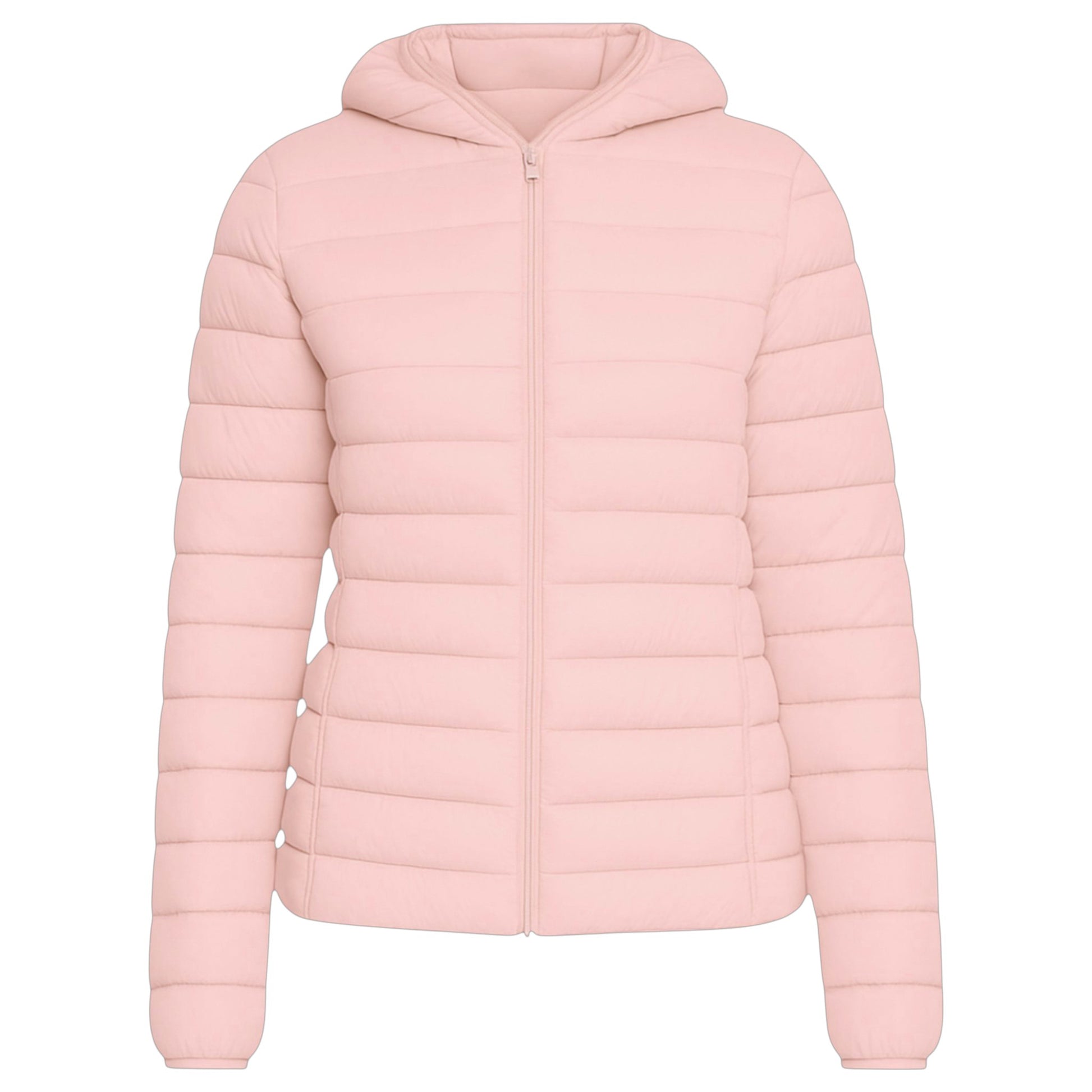 Ladies JDN Puffer Jacket with Detachable Hood – Light Pink Quilted Winter Coat