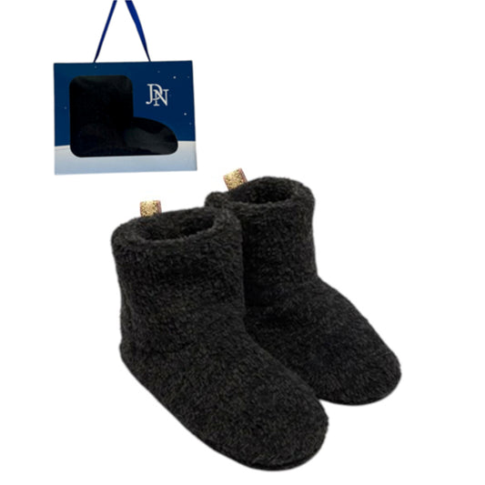 Women's black fleece-lined bootie slippers in gift box – cozy winter indoor footwear with non-slip soles
