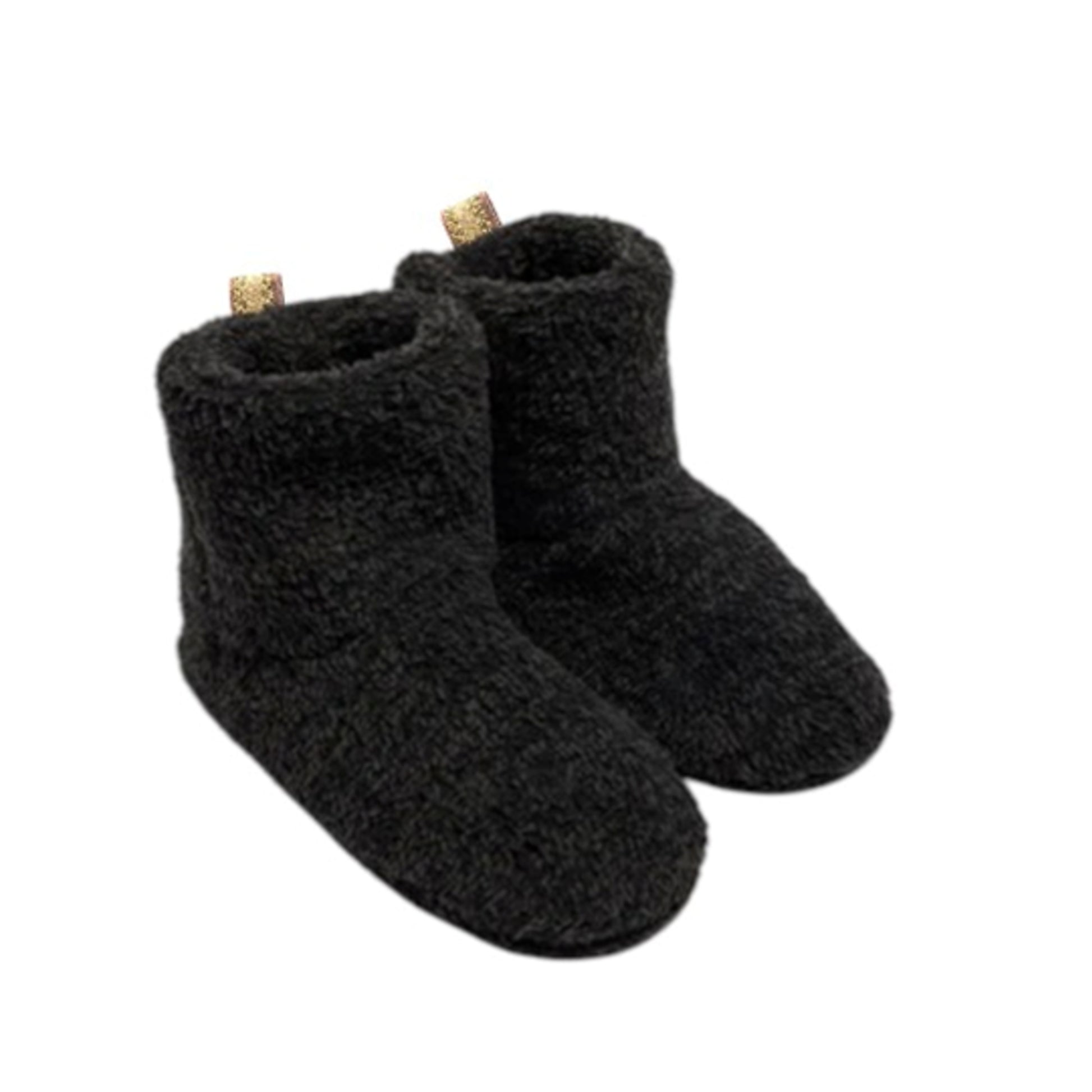 Women's black fleece-lined bootie slippers in gift box – cozy winter indoor footwear with non-slip soles