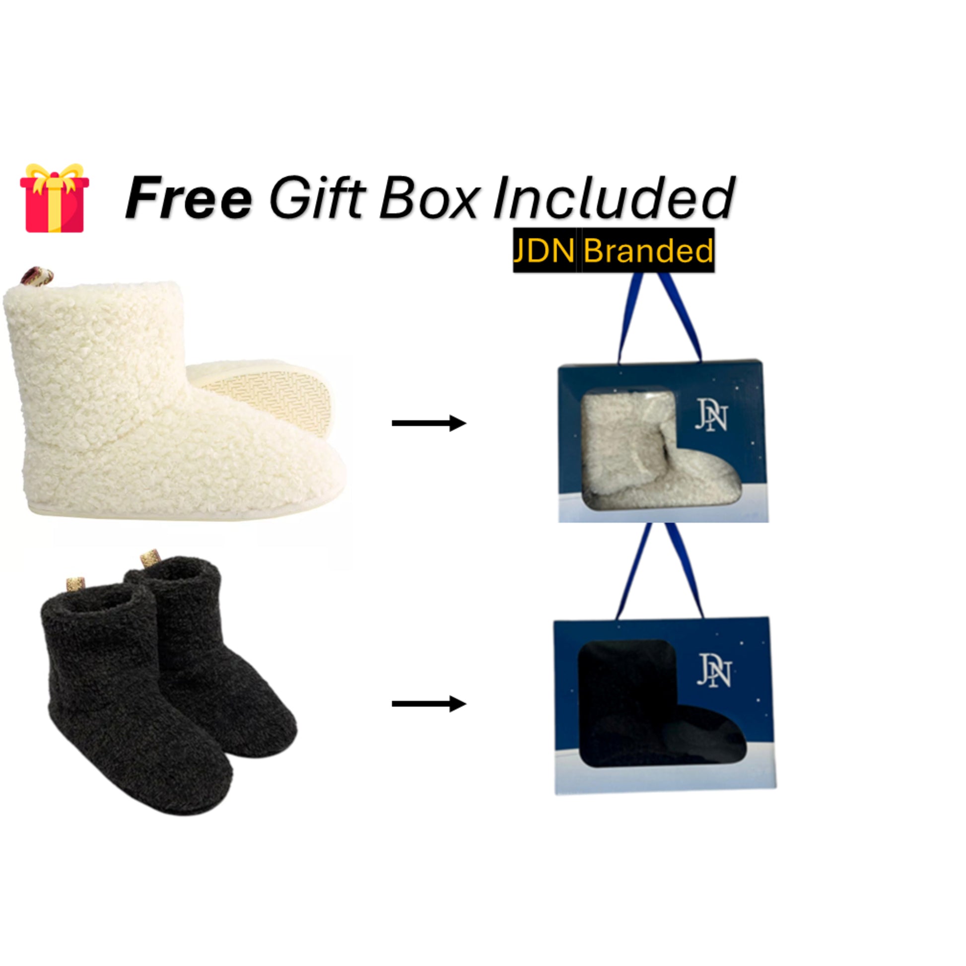 Women's white cream and black fleece-lined bootie slippers in gift box – cozy winter indoor footwear with non-slip soles