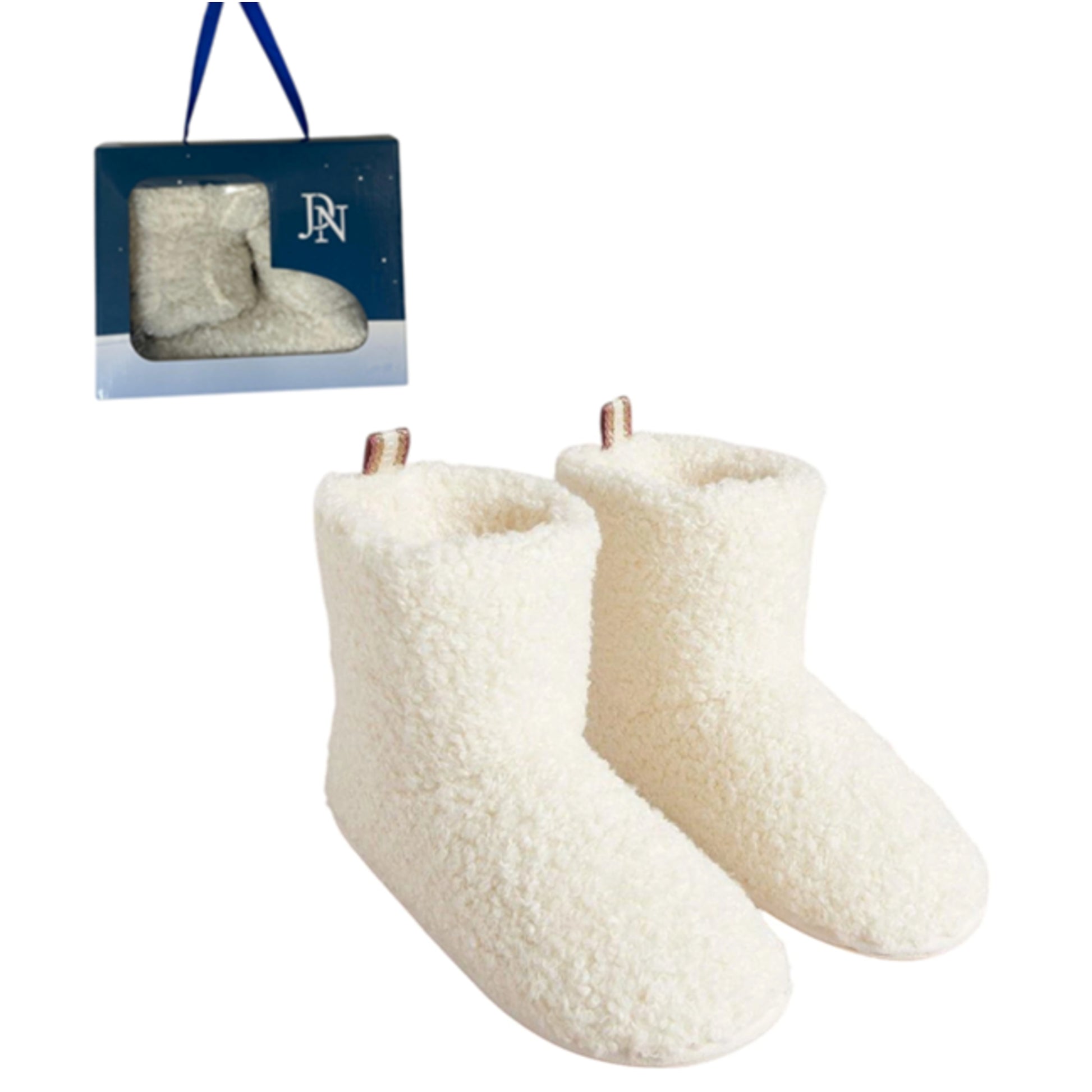 Women's white cream fleece-lined bootie slippers in gift box – cozy winter indoor footwear with non-slip soles