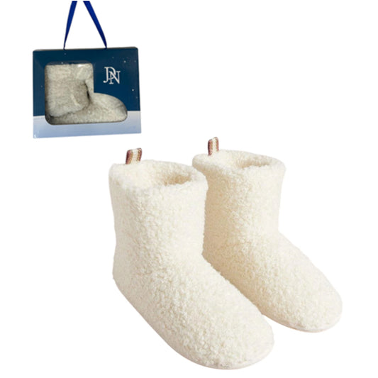 Women's white cream fleece-lined bootie slippers in gift box – cozy winter indoor footwear with non-slip soles