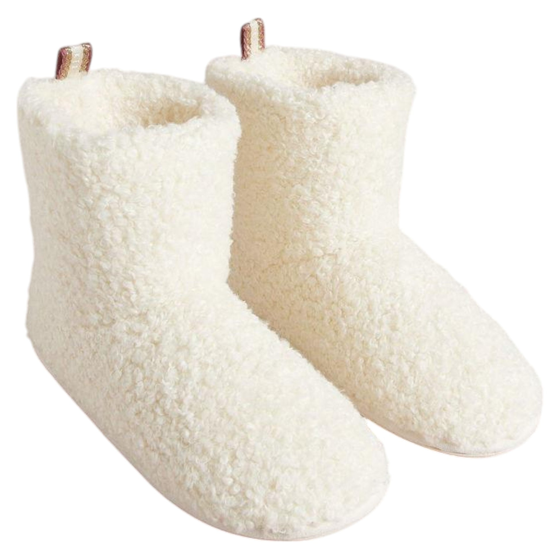 Women's white cream fleece-lined bootie slippers – cozy winter indoor footwear with non-slip soles