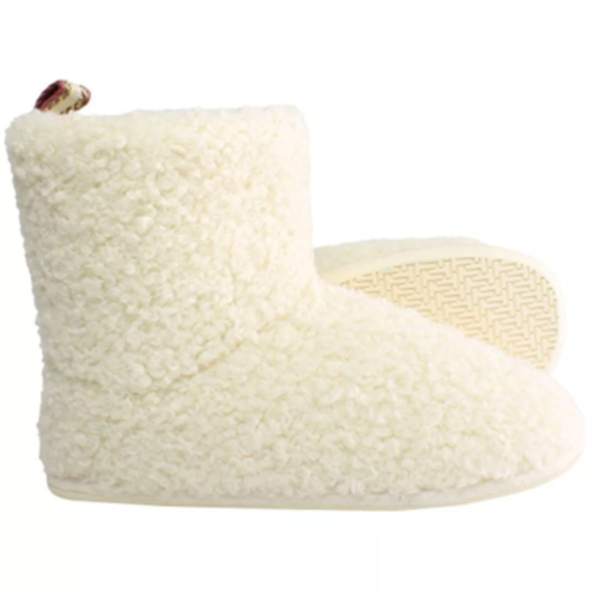Women's white cream fleece-lined bootie slippers – cozy winter indoor footwear with non-slip soles