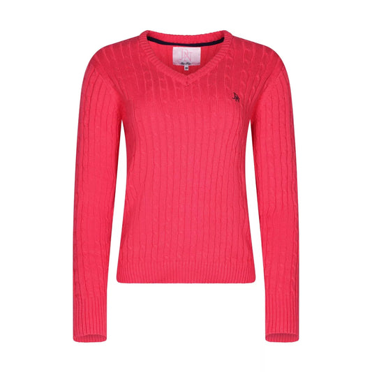 Ladies JDN cherry V-neck cable knit jumper with long sleeves and embroidered chest logo