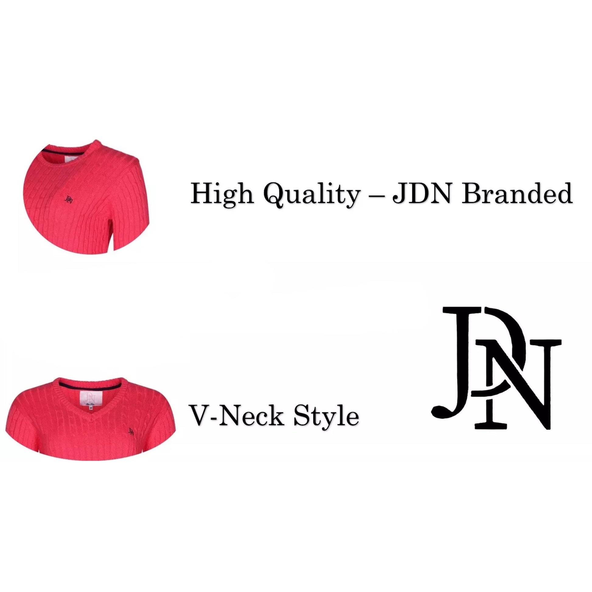 Ladies JDN V-neck cable knit jumper with long sleeves and embroidered chest logo