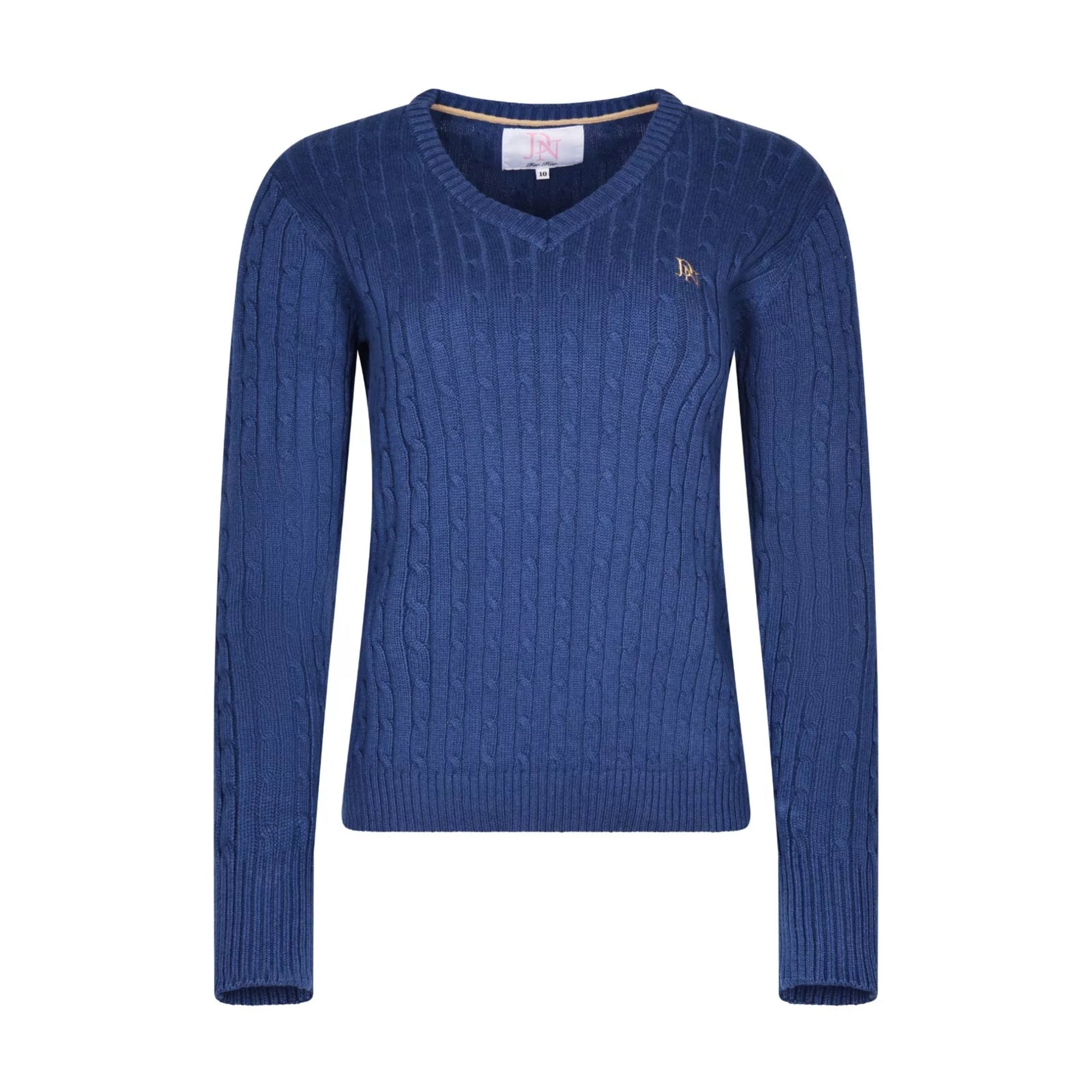 Ladies JDN mid blue V-neck cable knit jumper with long sleeves and embroidered chest logo