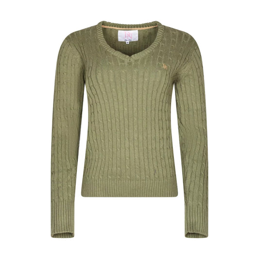 Ladies JDN moss green V-neck cable knit jumper with long sleeves and embroidered chest logo