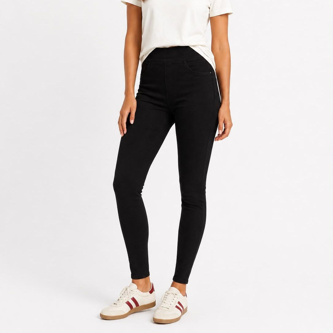 Women’s Black high waisted denim jeggings with a slim fit, stretch fabric and five-pocket design