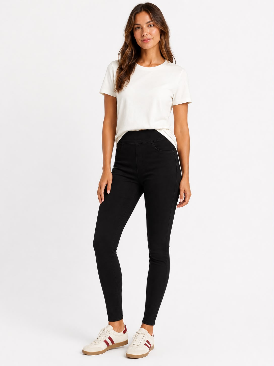 Women’s Black high waisted denim jeggings with a slim fit, stretch fabric and five-pocket design
