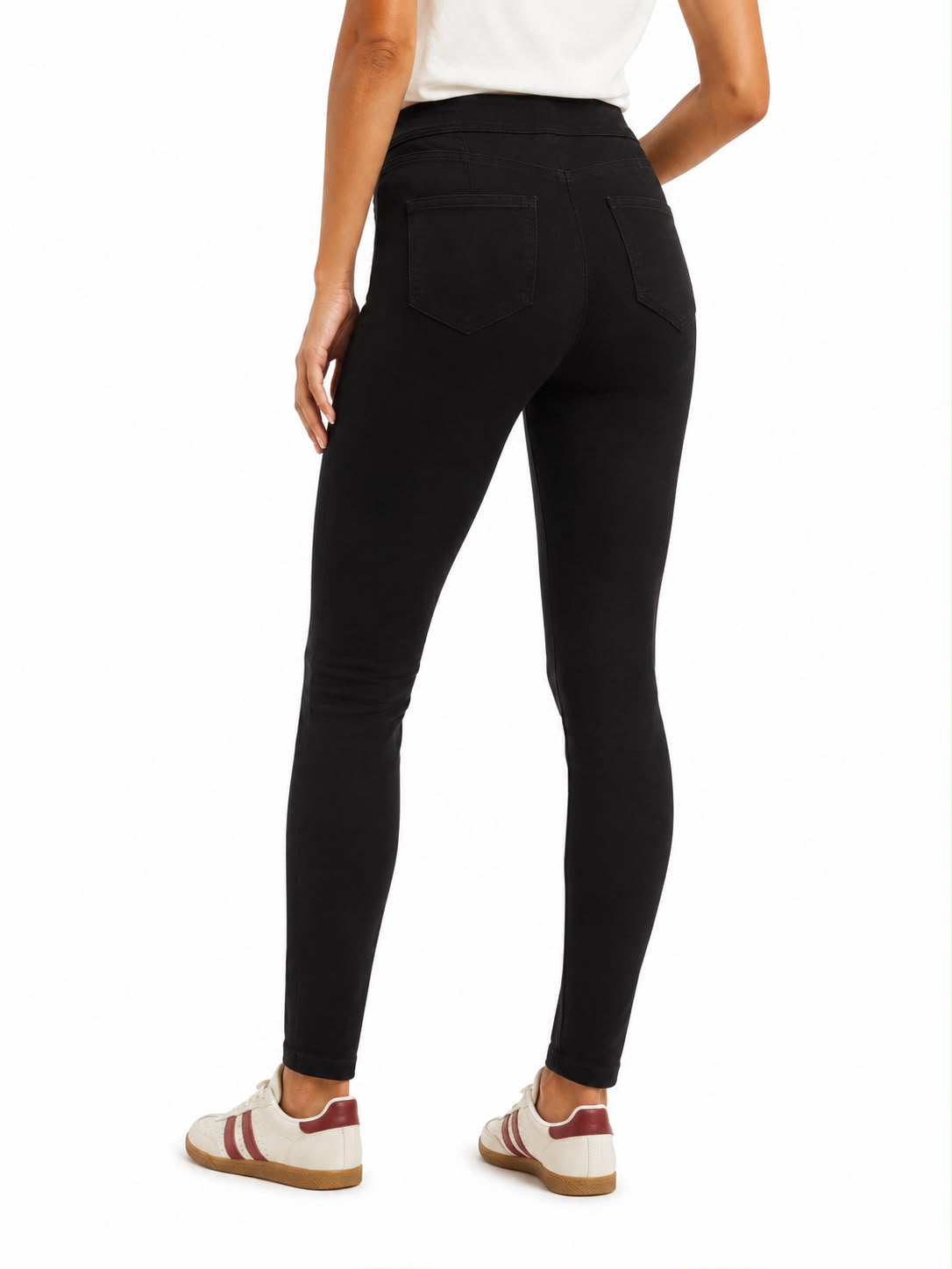 Women’s black high waisted denim jeggings with a slim fit, stretch fabric and five-pocket design