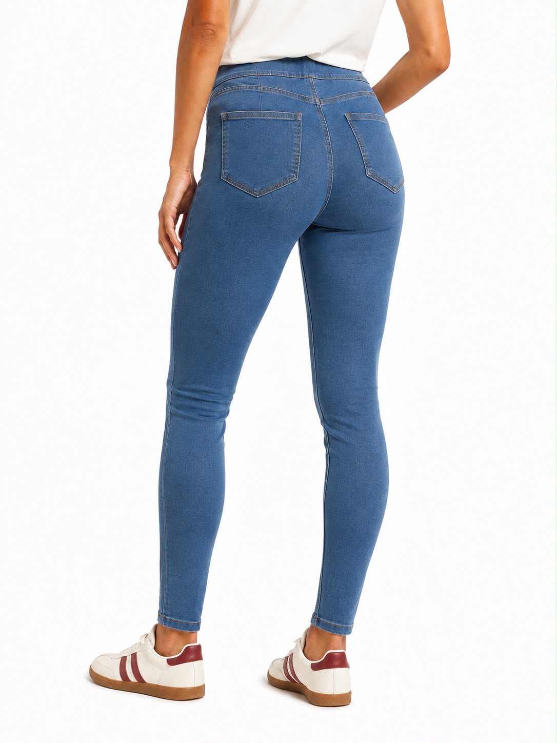 Women’s blue high waisted denim jeggings with a slim fit, stretch fabric and five-pocket design.