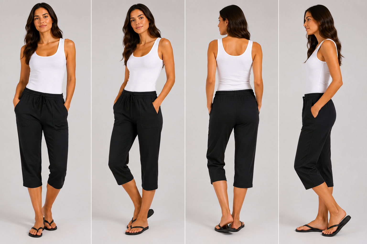 Women's black soft touch cropped lounge trousers with pockets. Comfortable elasticated waist, drawstring fit and breathable fabric for everyday wear.