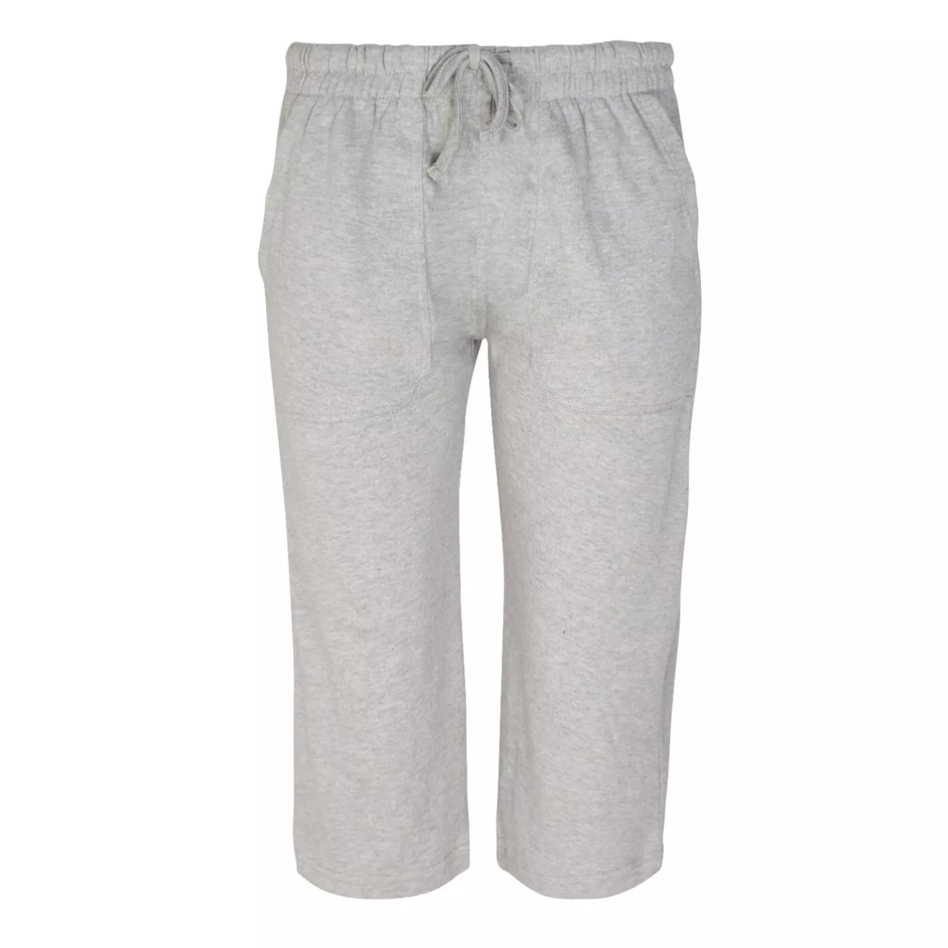 Women's grey soft touch cropped lounge trousers with pockets. Comfortable elasticated waist, drawstring fit and breathable fabric for everyday wear.