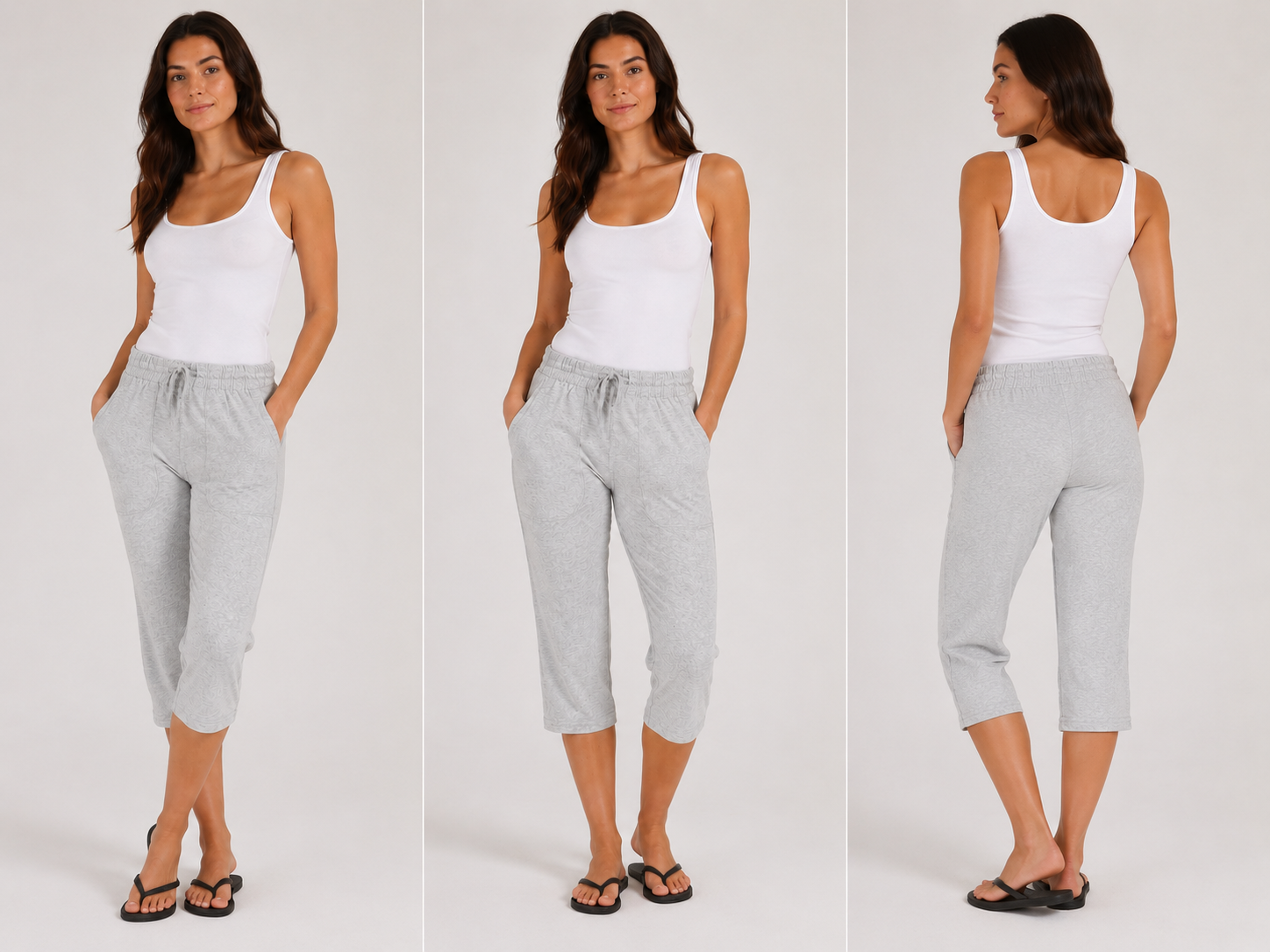Women's grey soft touch cropped lounge trousers with pockets. Comfortable elasticated waist, drawstring fit and breathable fabric for everyday wear.