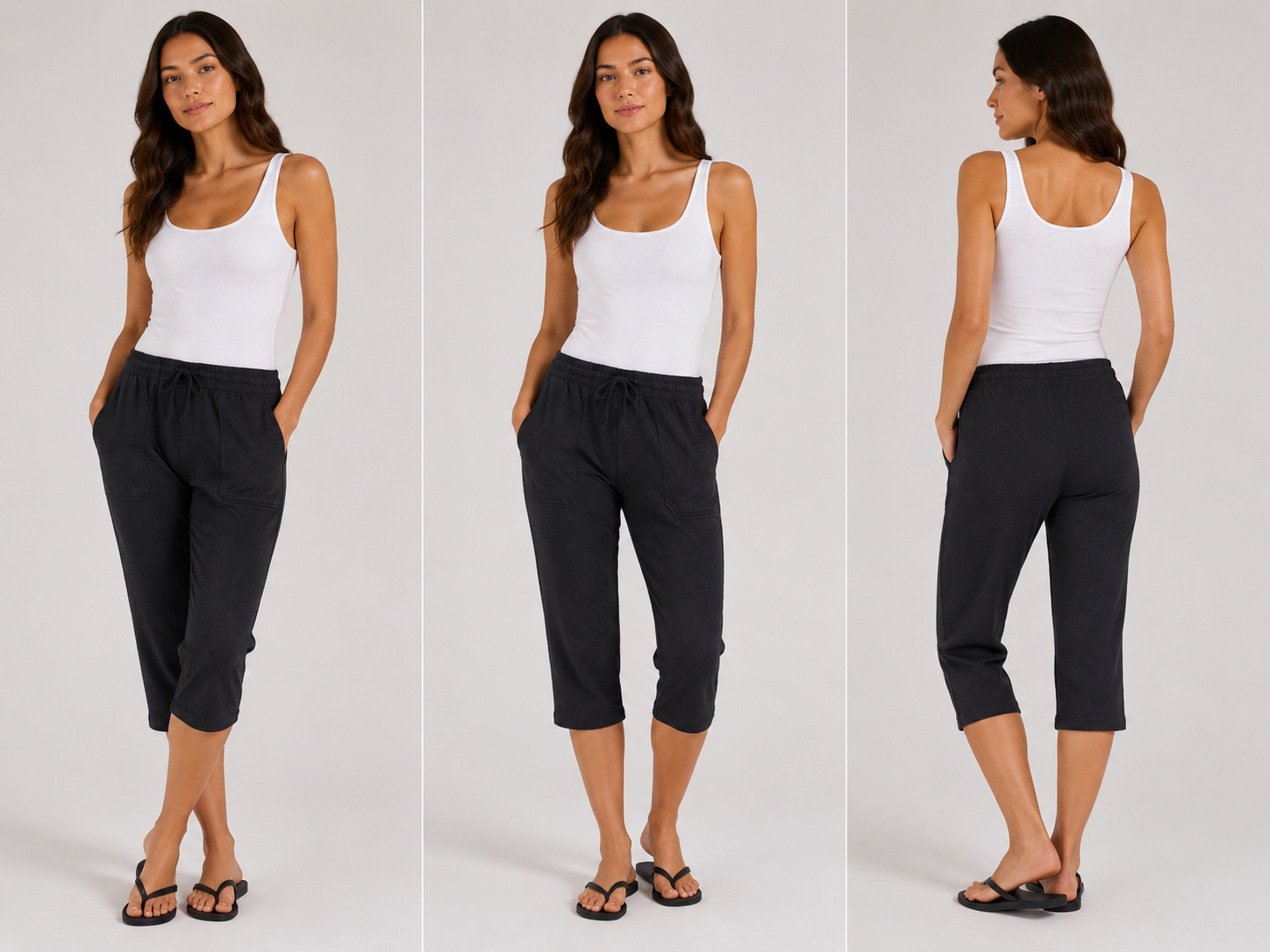 Women's navy soft touch cropped lounge trousers with pockets. Comfortable elasticated waist, drawstring fit and breathable fabric for everyday wear.