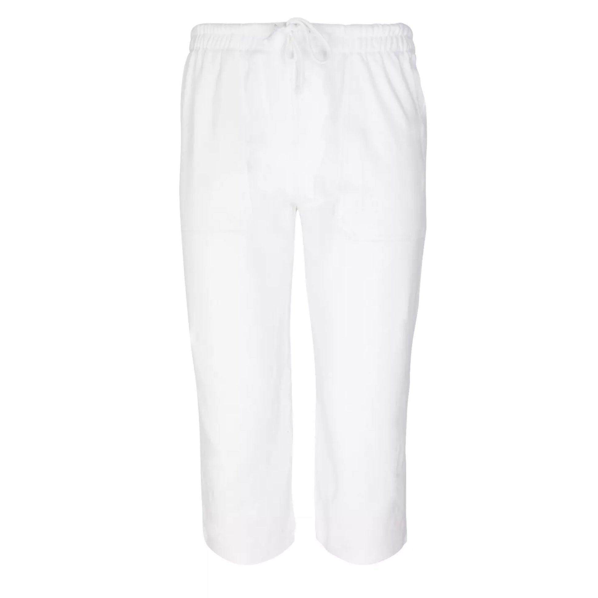 Women's white soft touch cropped lounge trousers with pockets. Comfortable elasticated waist, drawstring fit and breathable fabric for everyday wear.