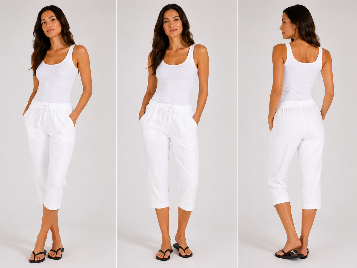 Women's white soft touch cropped lounge trousers with pockets. Comfortable elasticated waist, drawstring fit and breathable fabric for everyday wear.