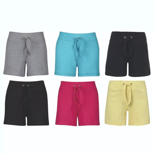 Women's jersey joggers shorts with elasticated waistband and drawstring tie – casual loungewear or gym wear in grey, blue, black, navy, pink, white or yellow 