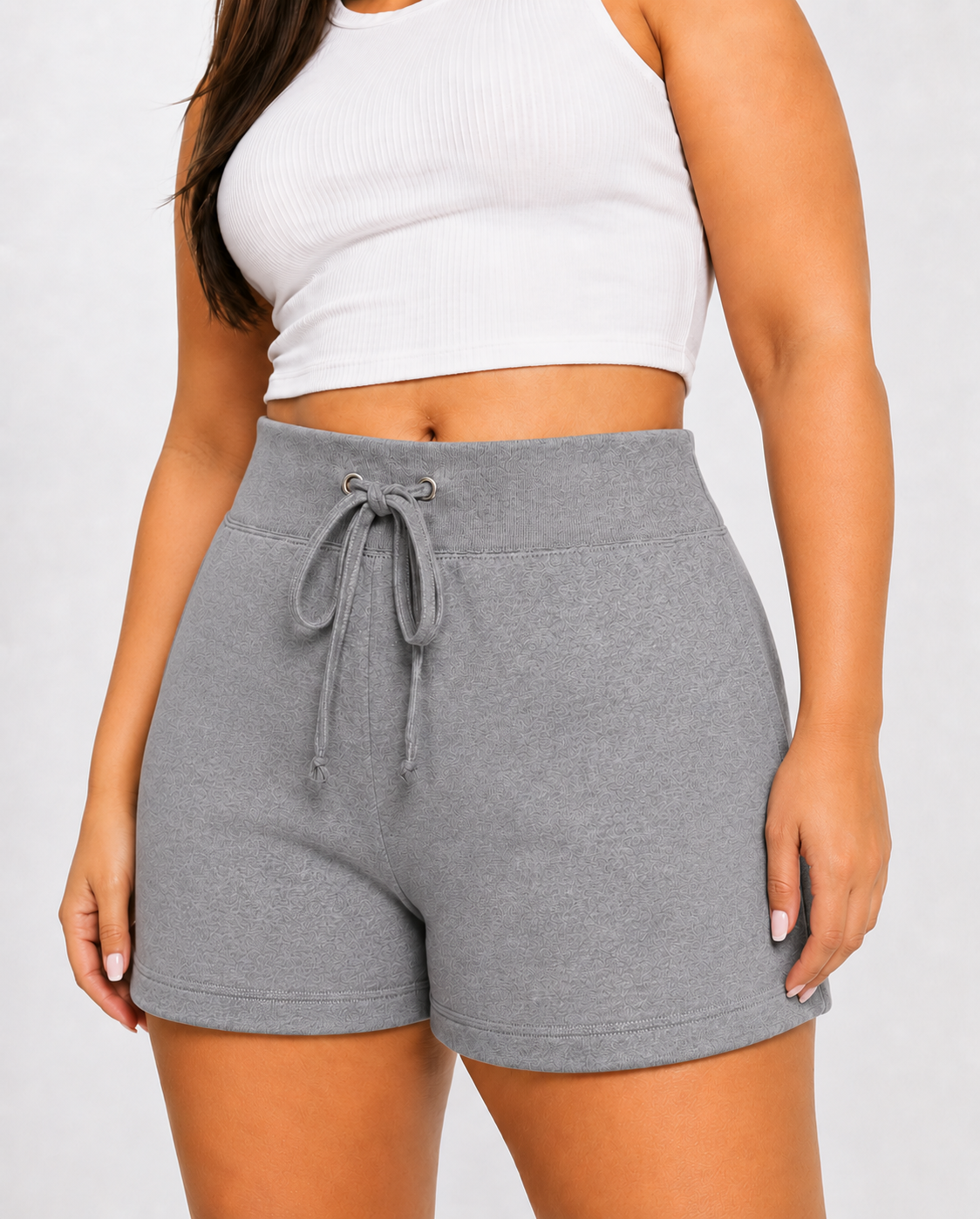 Women's grey jersey joggers shorts with elasticated waistband and drawstring tie – casual loungewear or gym wear
