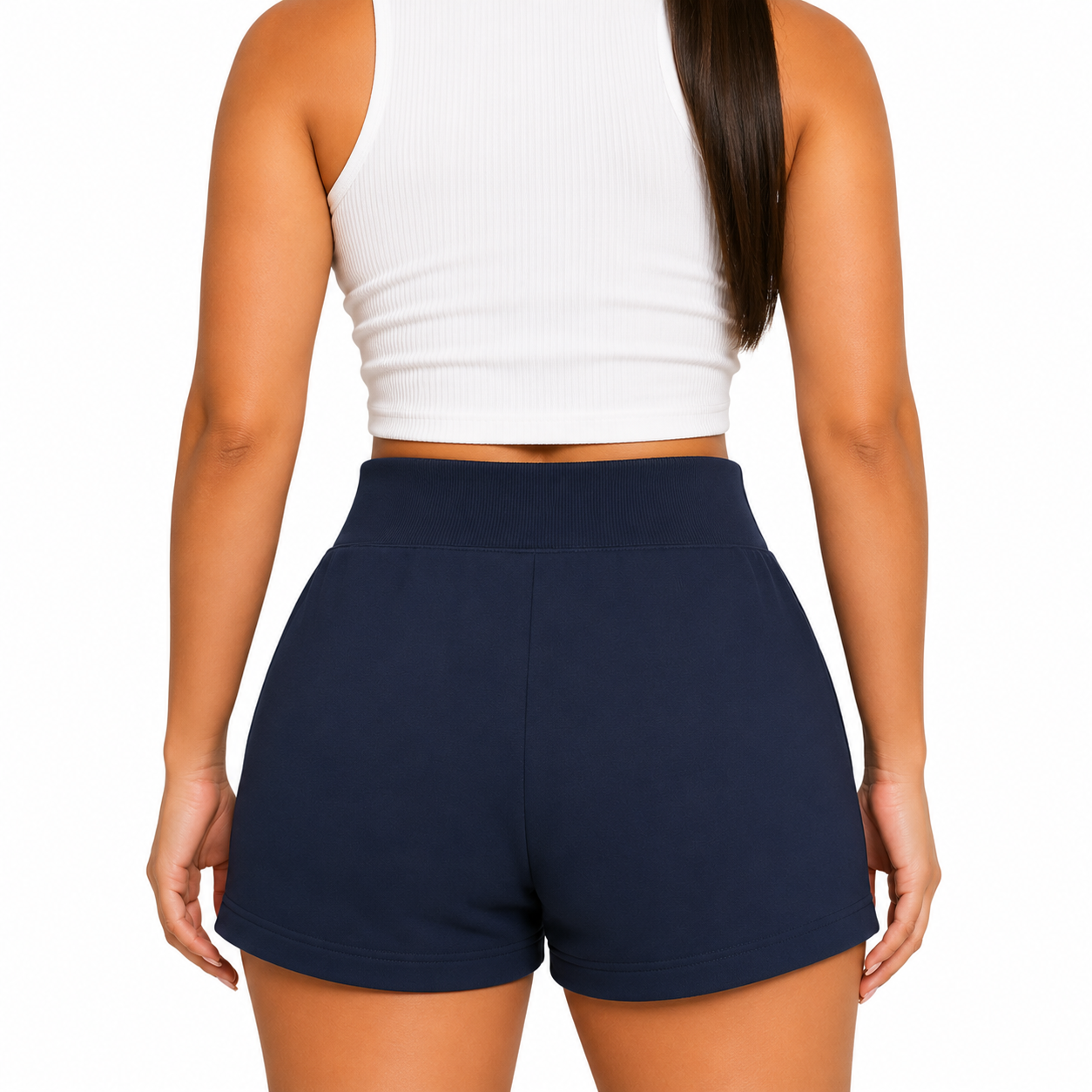 Women's navy jersey joggers shorts with elasticated waistband and drawstring tie – casual loungewear or gym wear