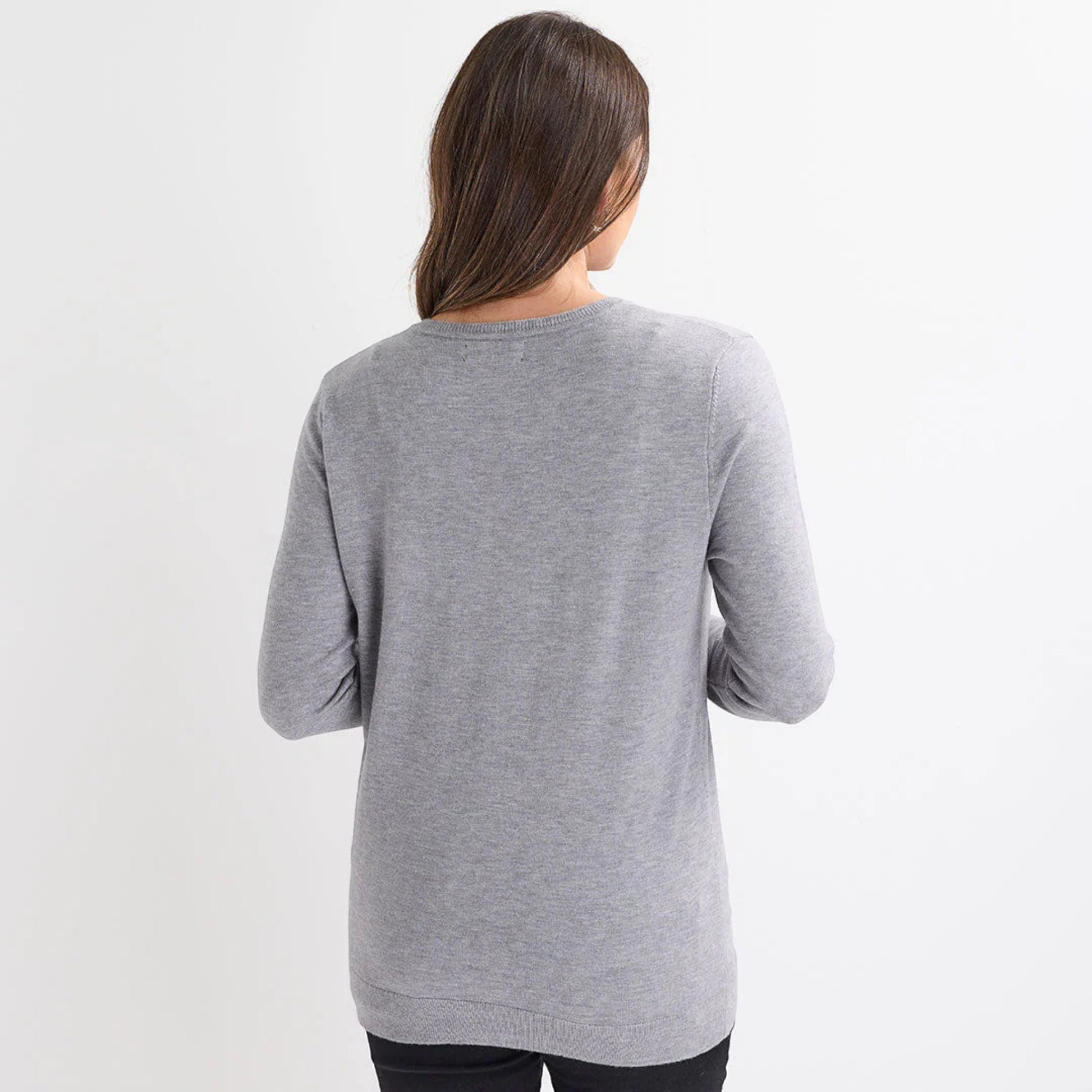 Ladies grey Christmas jumper with gold sequin ‘jolly’ slogan, long sleeves and a festive xmas design.