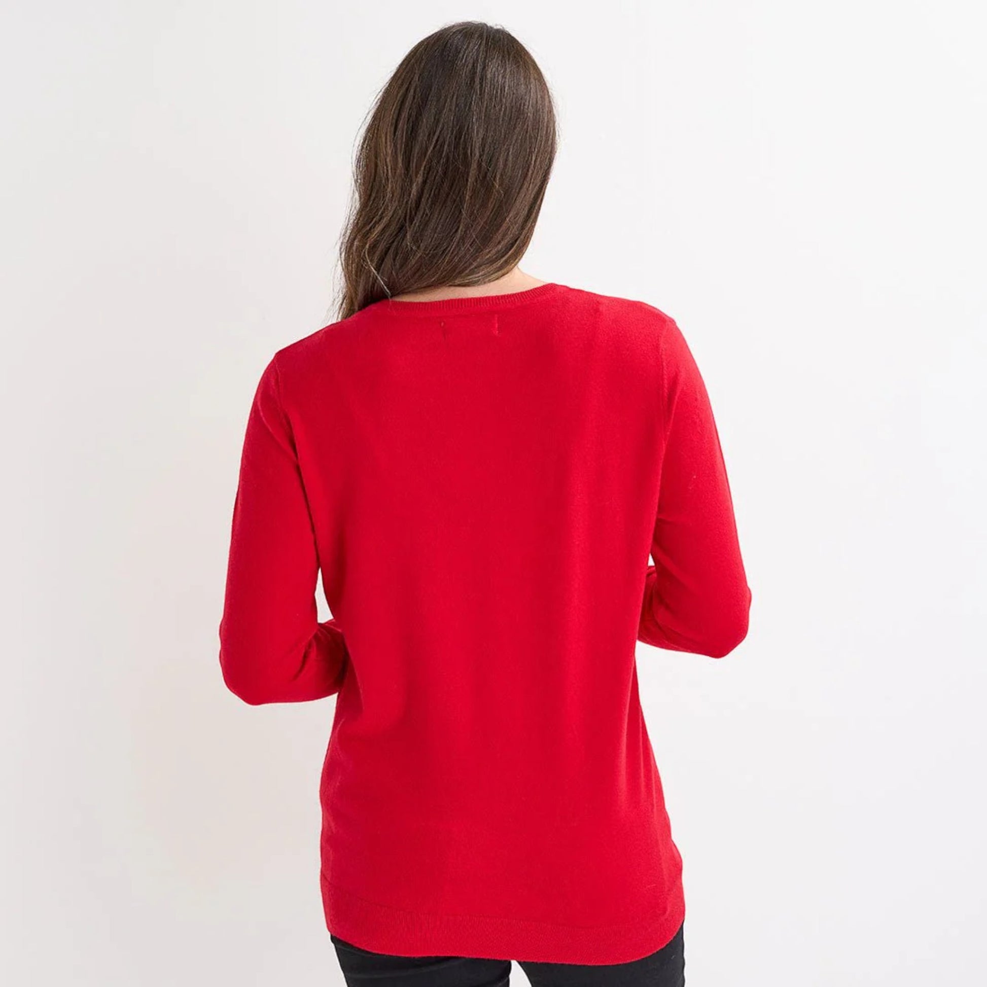 Ladies red Christmas jumper with gold sequin ‘jolly’ slogan, long sleeves and a festive xmas design.