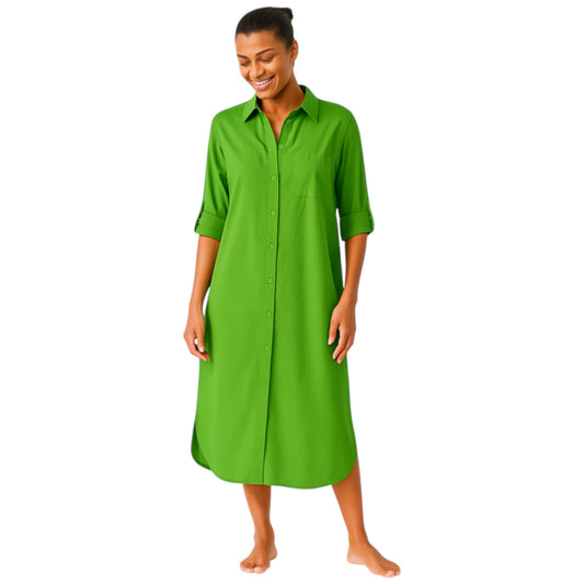 Women's Kelly Green long shirt dress with button front, rolled sleeves, and collared neckline – casual midi dress for everyday wear.
