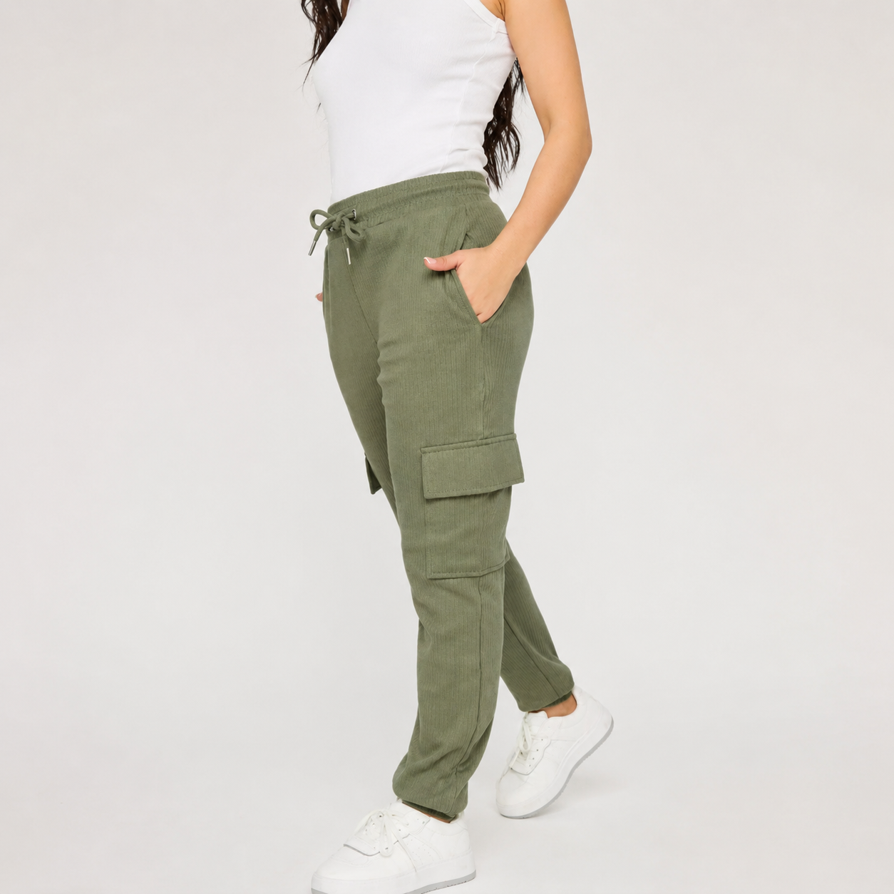 Ladies khaki green cord cargo joggers with pockets – casual relaxed fit 