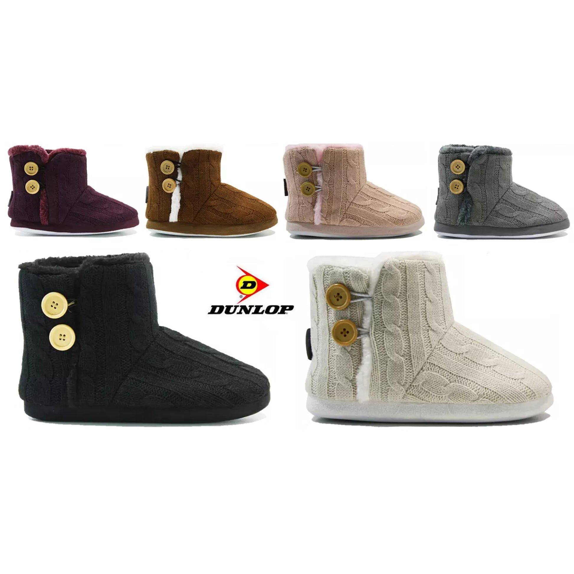 Ladies Dunlop Boot Slippers Knitted Faux Fur Lined Winter Warm Indoor Shoes with Buttons