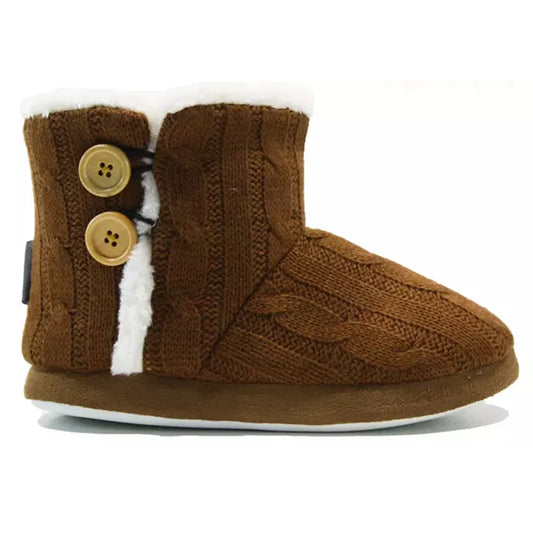 Ladies Dunlop Boot Slippers Chestnut Brown Knitted Faux Fur Lined Winter Warm Indoor Shoes with Buttons