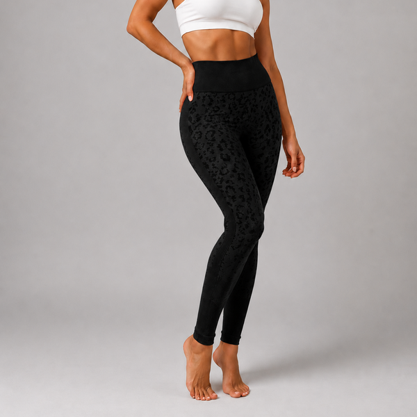 Ladies Leopard Textured High Waisted Gym Leggings (Black)