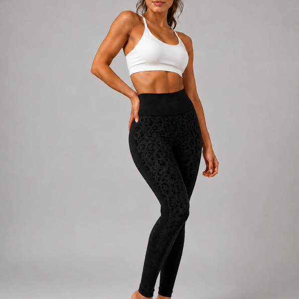 Ladies Leopard Textured High Waisted Gym Leggings (Black)