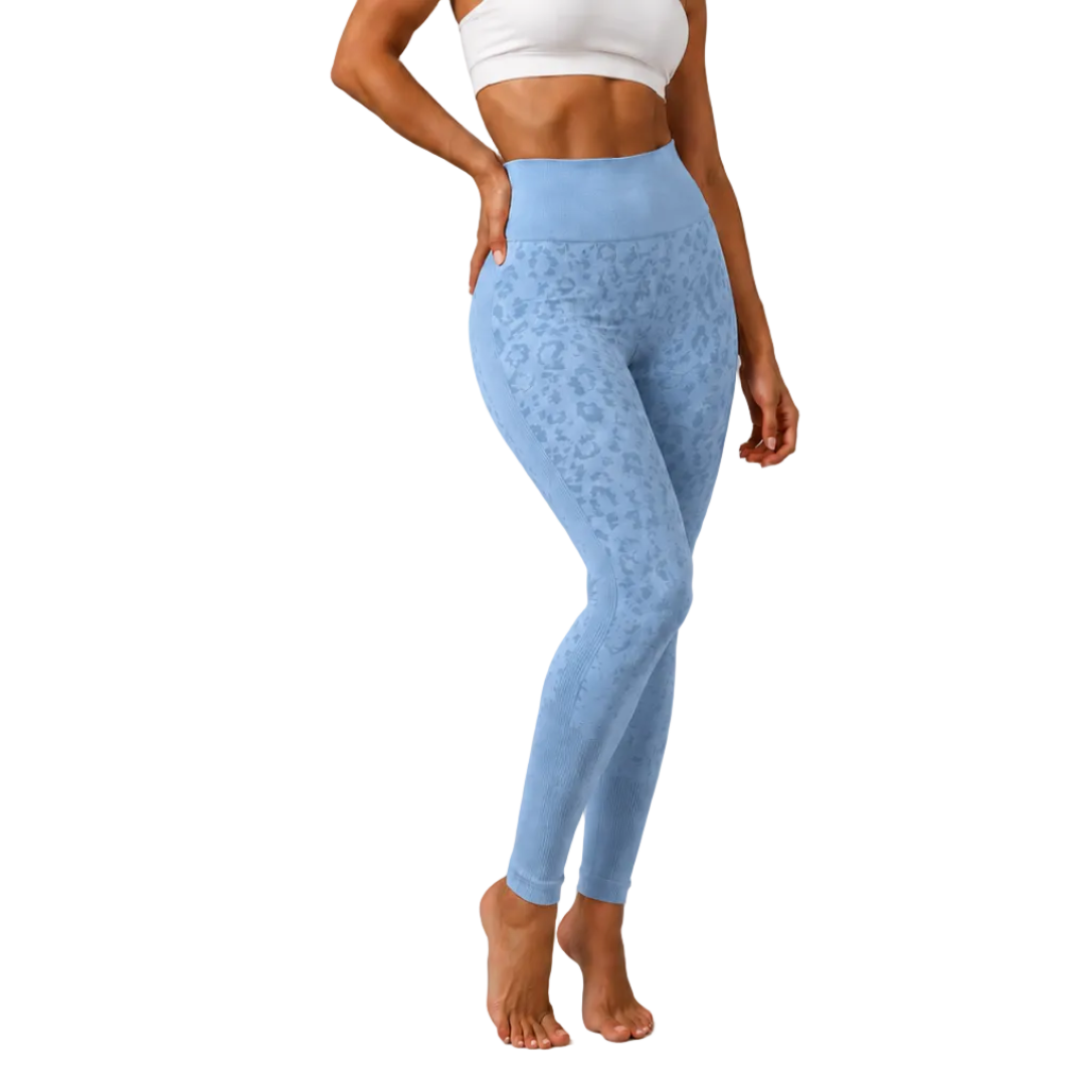 Womens light blue leopard print seamless high waisted gym leggings with textured jacquard pattern and ribbed waistband activewear tights