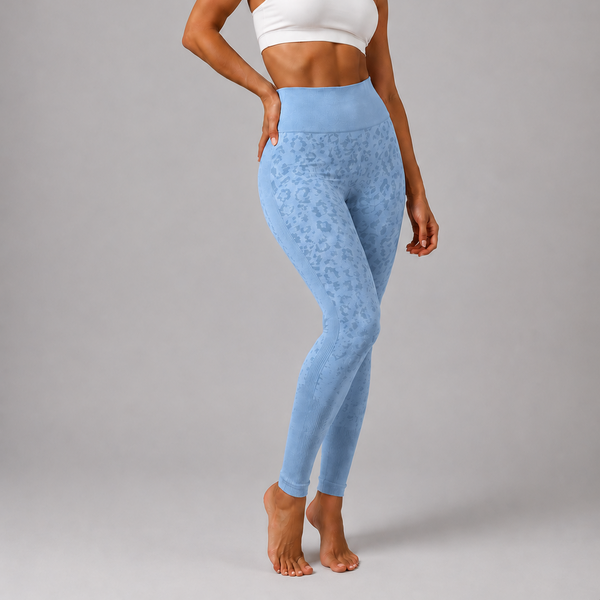 Ladies Leopard Textured High Waisted Gym Leggings (Light Blue)