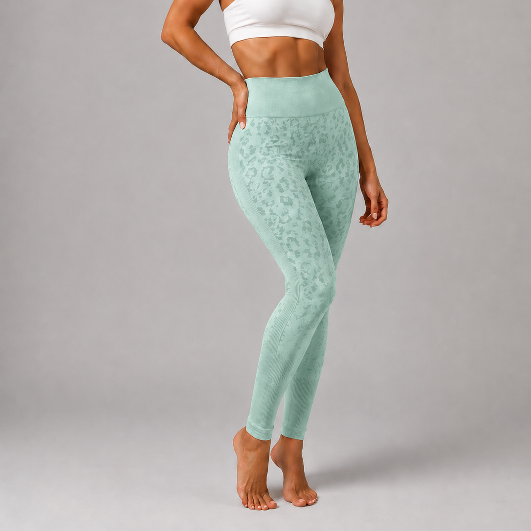 Womens Mint Green leopard print seamless high waisted gym leggings with textured jacquard pattern and ribbed waistband activewear tights