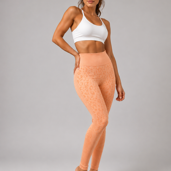 Ladies Leopard Textured High Waisted Gym Leggings (Peach)