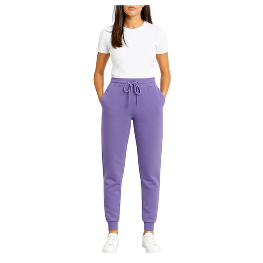 Women’s purple, lilac high-waisted joggers with drawstring waist and cuffed ankles – soft loungewear trousers