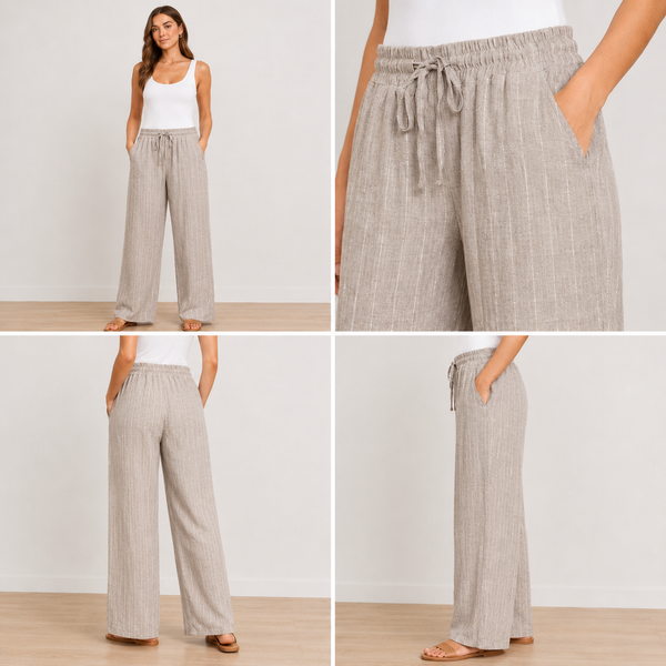 Ladies Linen Mix Stripe Trousers (Beige)