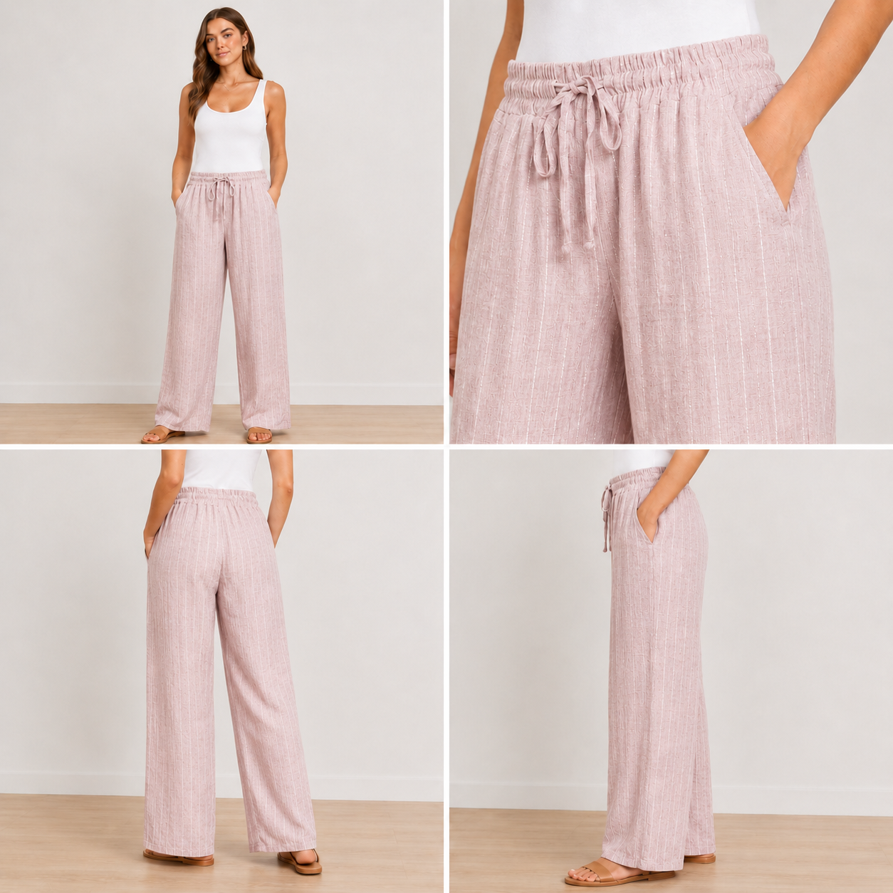 Ladies linen mix wide leg trousers with elasticated drawstring waist, side pockets, and subtle vertical stripe texture. Lightweight summer trousers shown in six colours: light beige, pale blue, soft mint, light grey, blush pink, and cream.