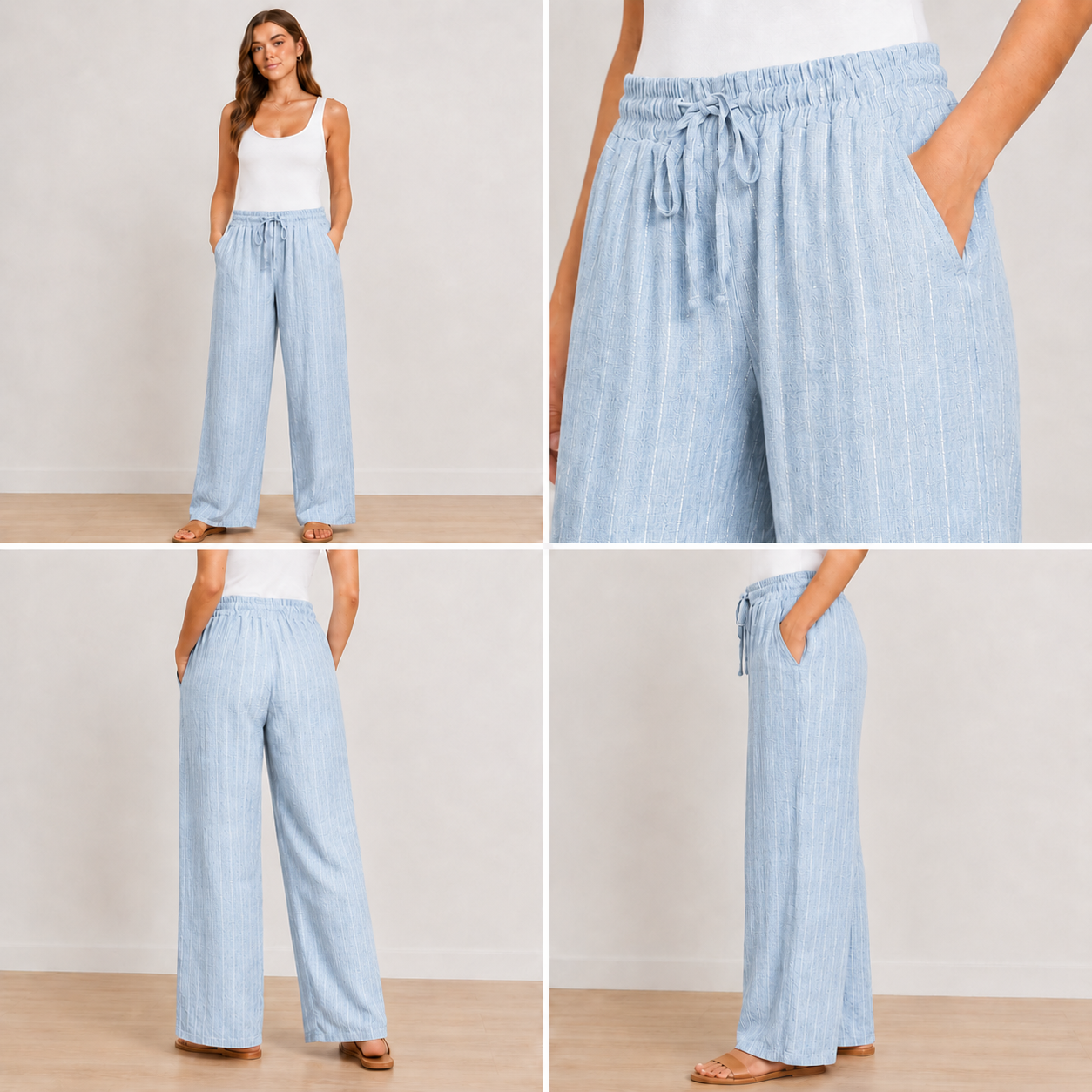 Ladies linen mix wide leg trousers with elasticated drawstring waist, side pockets, and subtle vertical stripe texture. Lightweight summer trousers shown in six colours: light beige, pale blue, soft mint, light grey, blush pink, and cream.