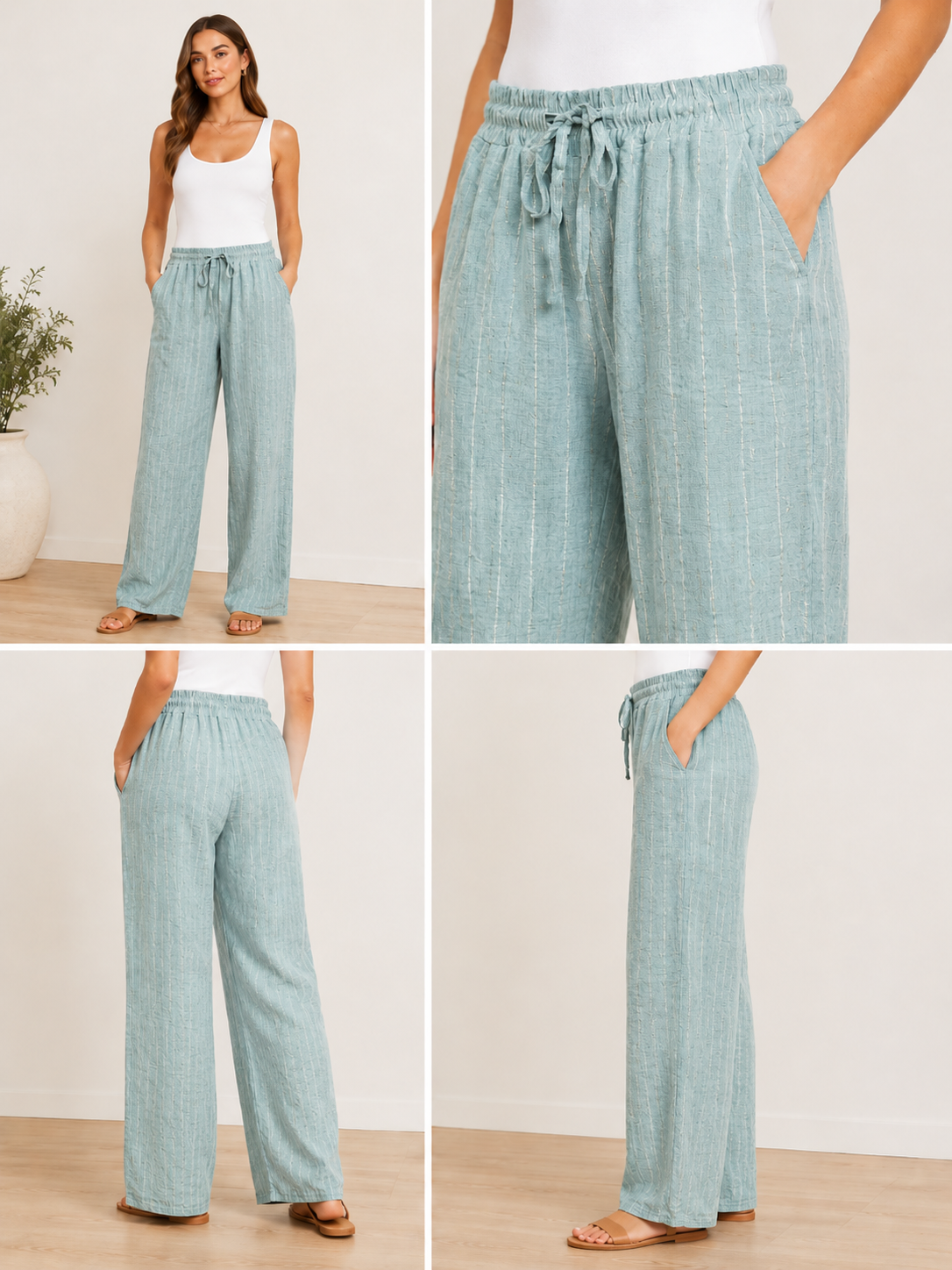 Ladies linen mix wide leg trousers with elasticated drawstring waist, side pockets, and subtle vertical stripe texture. Lightweight summer trousers shown in six colours: light beige, pale blue, soft mint, light grey, blush pink, and cream.