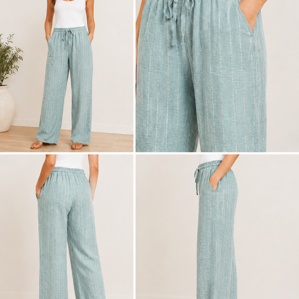 Ladies Linen Mix Stripe Trousers (Soft Mint)