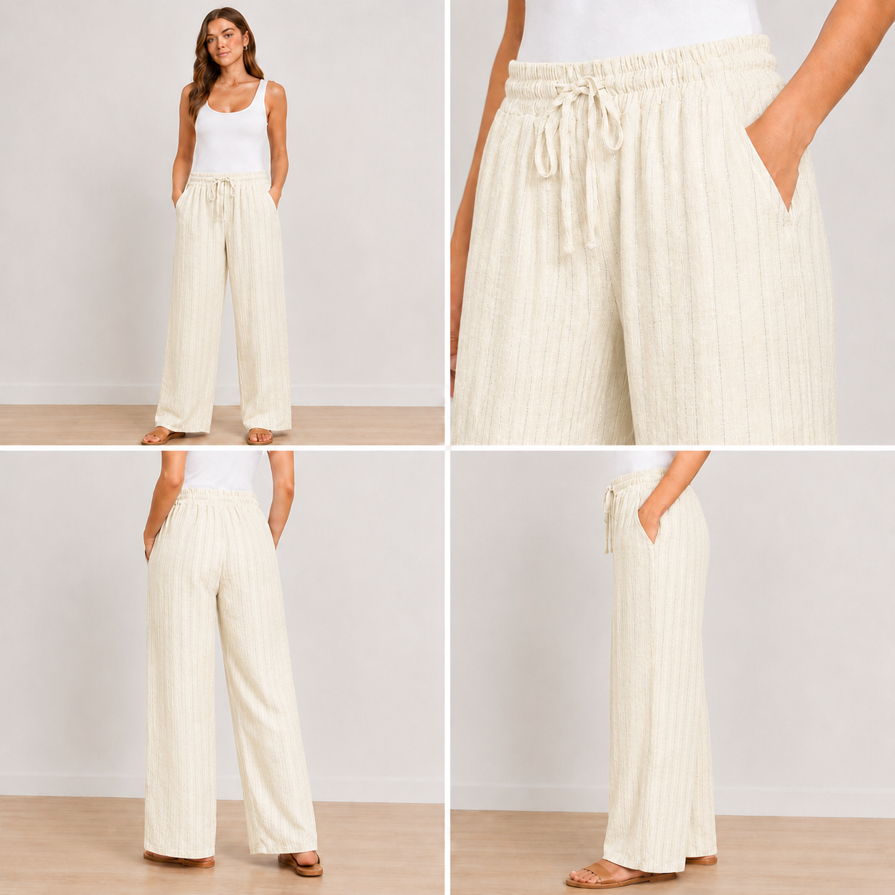 Ladies linen mix wide leg trousers with elasticated drawstring waist, side pockets, and subtle vertical stripe texture. Lightweight summer trousers shown in six colours: light beige, pale blue, soft mint, light grey, blush pink, and cream.