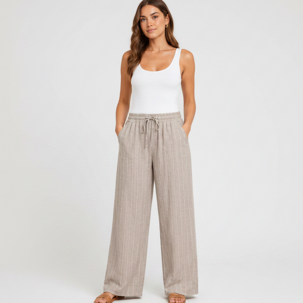 Ladies Linen Mix Stripe Trousers (Beige)