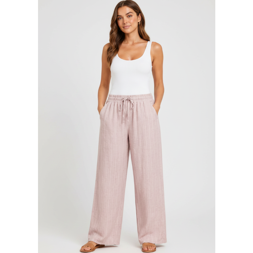 Ladies linen mix wide leg trousers with elasticated drawstring waist, side pockets, and subtle vertical stripe texture. Lightweight summer trousers shown in six colours: light beige, pale blue, soft mint, light grey, blush pink, and cream.