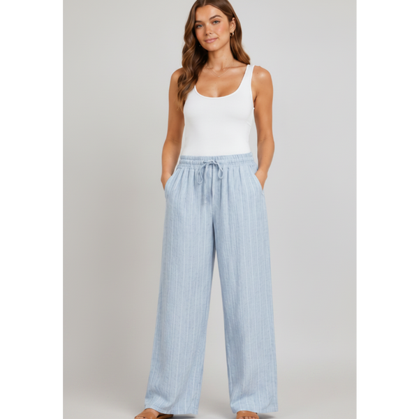 Ladies Linen Mix Stripe Trousers (Light Blue)