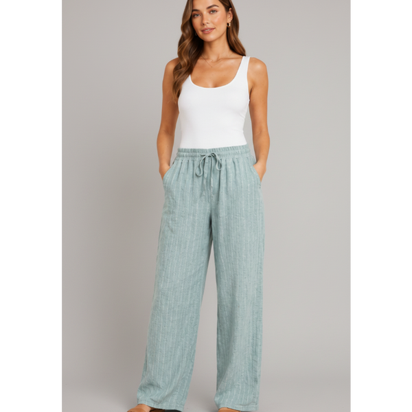 Ladies Linen Mix Stripe Trousers (Soft Mint)