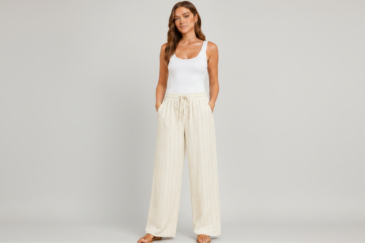 Ladies linen mix wide leg trousers with elasticated drawstring waist, side pockets, and subtle vertical stripe texture. Lightweight summer trousers shown in six colours: light beige, pale blue, soft mint, light grey, blush pink, and cream.